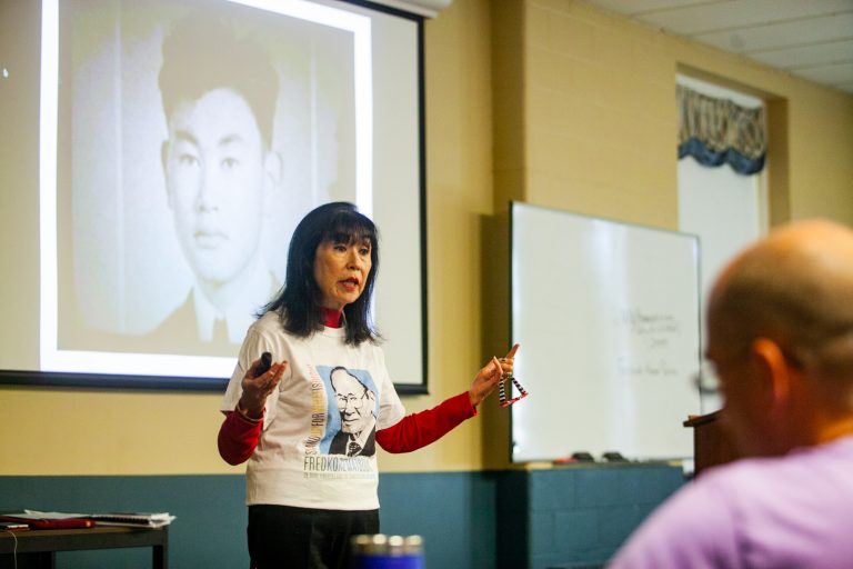 Karen Korematsu  addressed a group of teachers about her father's legal battle against internment during World War II. Her talk was given at the nonpartisan Freedoms Foundation at Valley Forge. (Brad Larrison for WHYY)