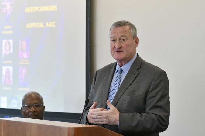 Mayor Jim Kenney speaks to a SRO crowd at a forum on the business of medicinal and recreational use of cannabis in the African-American community, at an event held on Thursday. (Bastiaan Slabbers for WHYY)