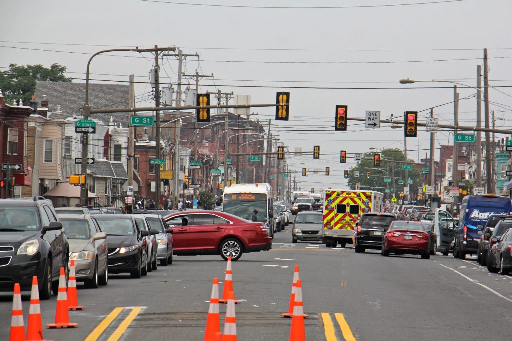 2018 07 27-e lee-philadelphia allegheny avenue-drug overdose spike An ambulance threads through traffic on Allegheny Avenue, an area that experienced an uptick in overdoses apparently caused by heroin cut with a synthetic cannabinoid.