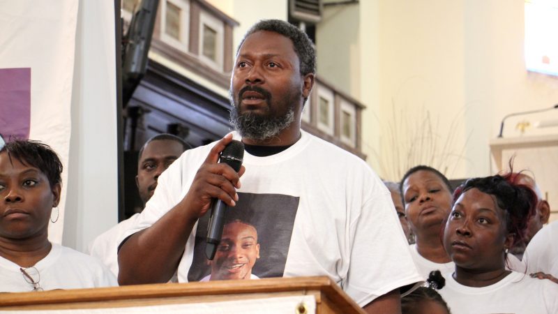 Quinnell Armstrong, the uncle of Michael White, thanks supporters at True Gospel Tabernacle after a prayer vigil for his nephew, charged in the stabbing death of Sean Schellenger. (Emma Lee/WHYY)