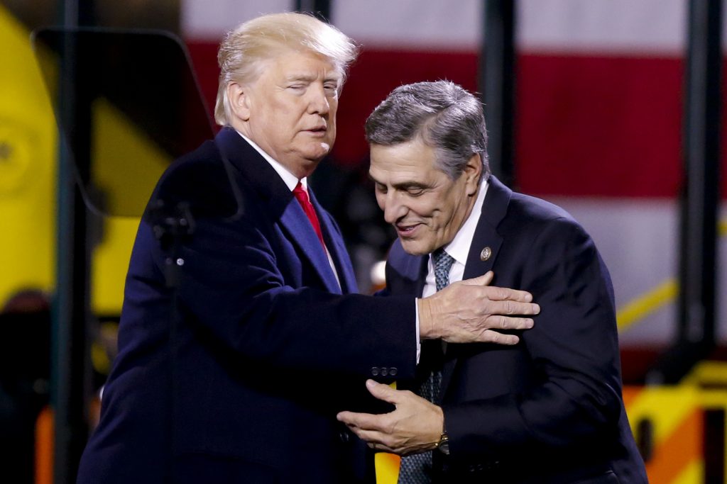 Donald Trump, Lou Barletta President Donald Trump, (left), greets Pa. Rep. Lou Barletta, R.Pa., before a speech at H&K Equipment Co. on Thursday, Jan. 18, 2018 in Coraopolis, Pa. Barletta is running for the U.S. Senate. (Keith Srakocic/AP Photo)