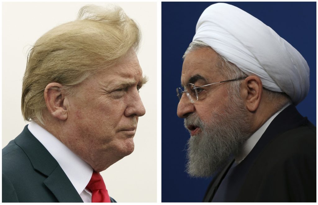 Donald Trump, Hassan Rouhani COMBO - This combination of two pictures shows U.S. President Donald Trump, left, on July 22, 2018, and Iranian President Hassan Rouhani on Feb. 6, 2018. In his latest salvo, Trump tweeted late on Sunday, July 22 that hostile threats from Iran could bring dire consequences. This was after Iranian President Rouhani remarked earlier in the day that “American must understand well that peace with Iran is the mother of all peace and war with Iran is the mother of all wars.” Trump tweeted: “NEVER EVER THREATEN THE UNITED STATES AGAIN OR YOU WILL SUFFER CONSEQUENCES THE LIKE OF WHICH FEW THROUGHOUT HISTORY HAVE EVER SUFFERED BEFORE.” (AP Photo)