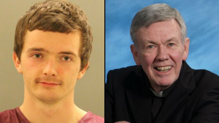 Joshua August (left) allegedly beat the Rev. William Graney with a wine bottle, police said. A church official said Graney was counseling the 25-year-old suspect about his substance abuse issues. (Courtesy of New Castle County police and Resurrection Catholic Church.)