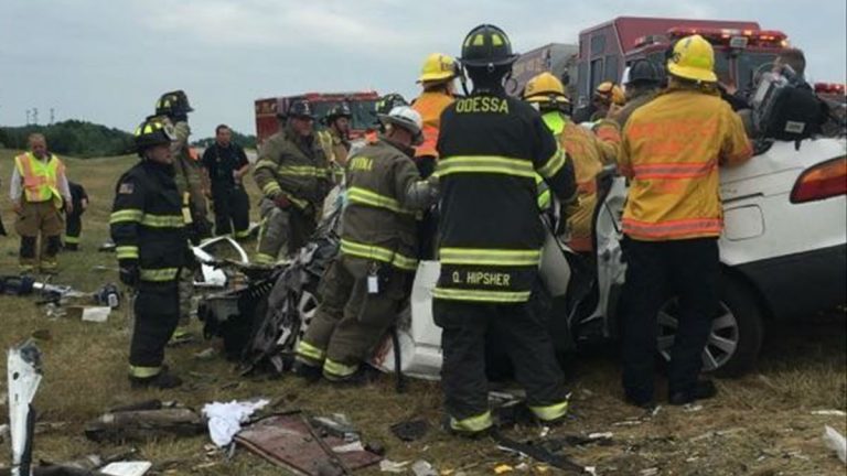 Emergency workers respond to the scene of a crash that killed five members of the same family in Delaware Friday afternoon on Route 1. (Courtesy Clayton Fire Department)