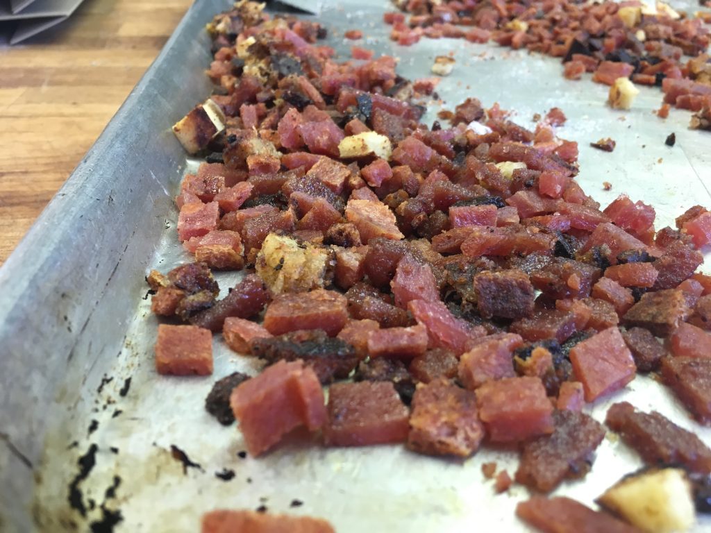 Pork roll ice cream Chunks of pork roll mixed with French toast are prepped to be added into ice cream at Windy Brow Farms in northwestern New Jersey. (Mark Eichmann/WHYY)