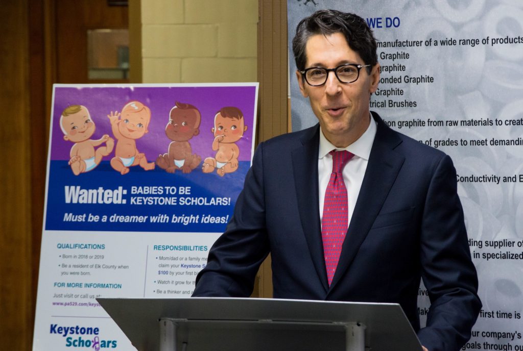 KeystoneScholars_CountyLaunch_Elk3 Pennsylvania Treasurer Joe Torsella launches the Keystone Scholars program in Elk County, putting $100 in a college savings account for every child born or adopted there. Gov. Tom Wolf recently signed a law extending the program to all of Pennsylvania.