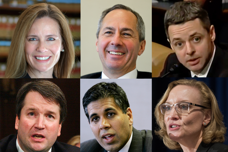 (Clockwise from left) This composite photo includes  Judges Amy Coney Barrett, Thomas Hardiman, Raymond Kethledge, Joan Larsen, Amul Thapar, and Brett Kavanaugh (AP Photos)