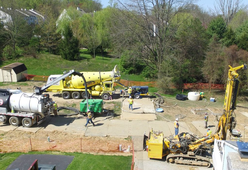 SIPAlisa_drivex1200 Mariner East 2 pipeline construction crews work in the backyards of homes on Lisa Drive in West Whiteland Township, Chester County, on May 2, after sinkholes opened in the area. That caused one of the ME2 project's many delays. (Marie Cusick/WITF)