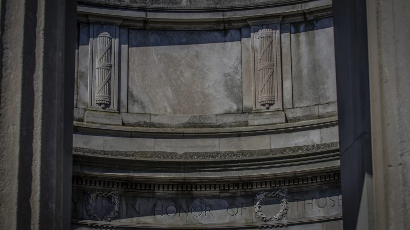 Although the Greek temple was conceived first as a decorative monument in 1907, construction was delayed by the war and it was ultimately dedicated to those who served in World War I.  (Anthony Smedile for WHYY)
