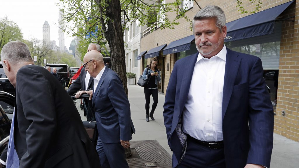 Then-Fox News co-president Bill Shine leaves a New York restaurant in April 2017 with Rupert Murdoch, executive chairman of 21st Century Fox. Shine left Fox News that May. Then-Fox News co-president Bill Shine leaves a New York restaurant in April 2017 with Rupert Murdoch, executive chairman of 21st Century Fox. Shine left Fox News that May. (Mark Lennihan/AP)