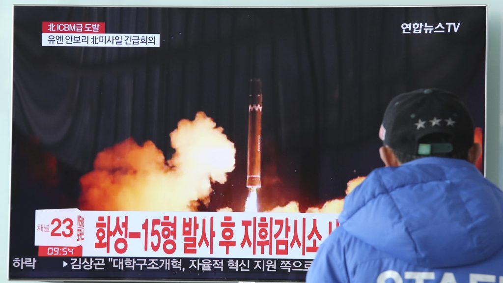 A man watches a TV screen showing what the North Korean government calls the Hwasong-15 intercontinental ballistic missile, at the Seoul Railway Station in Seoul, South Korea, in November. A man watches a TV screen showing what the North Korean government calls the Hwasong-15 intercontinental ballistic missile, at the Seoul Railway Station in Seoul, South Korea, in November.