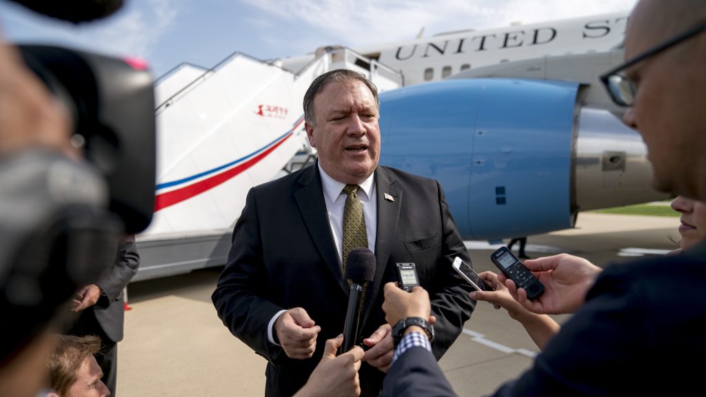 U.S. Secretary of State Mike Pompeo speaks to reporters following two days of meetings with a North Korean senior ruling party official, before departing Pyongyang, North Korea, on Saturday. Pompeo did not meet with North Korean leader Kim Jong Un. (Andrew Harnik/AP)
