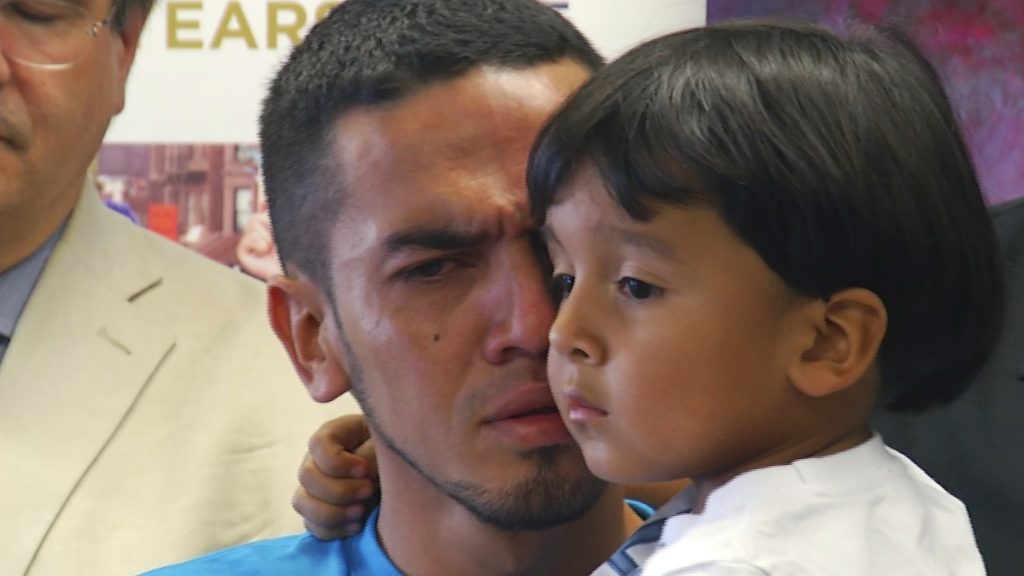 Javier Garrido Martinez holds his 4-year-old son after they were reunited on July 11, 2018, in New York. Javier Garrido Martinez holds his 4-year-old son after they were reunited on July 11, 2018, in New York. (Robert Bumsted/AP)
