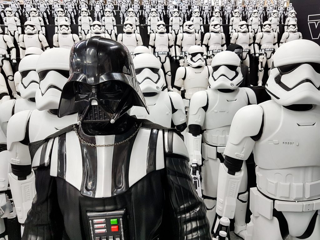 TOKYO, JAPAN – JULY, 2017: Star wars figures stormtroopers and Darth Vader Star wars figures stormtroopers and Darth Vader
