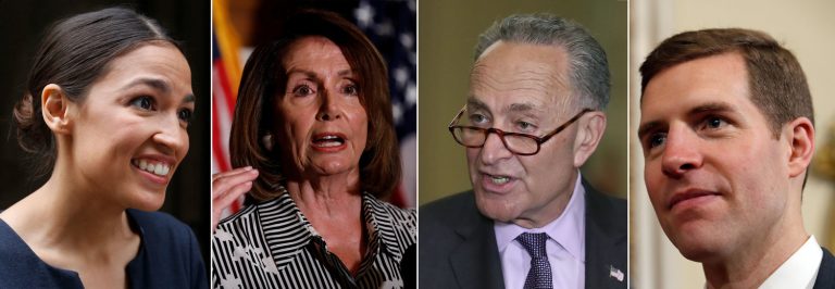 From left: Democratic House nominee Alexandria Ocasio-Cortez; House Minority Leader Nancy Pelosi, D-Calif.; Senate Minority Leader Chuck Schumer, D-N.Y.; Rep. Conor Lamb, D-Pa. (AP and Getty Images)