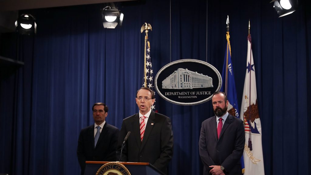 Deputy Attorney General Rod Rosenstein announces indictments against 12 Russian intelligence agents for computer hacking, at a news conference at the Department of Justice on Friday. Deputy Attorney General Rod Rosenstein announces indictments against 12 Russian intelligence agents for computer hacking, at a news conference at the Department of Justice on Friday. (Chip Somodevilla/Getty Images)