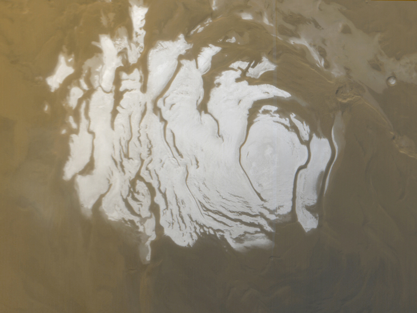 This is the south polar cap of Mars as it appeared to the Mars Orbiter Camera on the Mars Global Surveyor on April 17, 2000. An underground lake was found near here. This is the south polar cap of Mars as it appeared to the Mars Orbiter Camera on the Mars Global Surveyor on April 17, 2000. An underground lake was found near here. (NASA/JPL/MSSS)