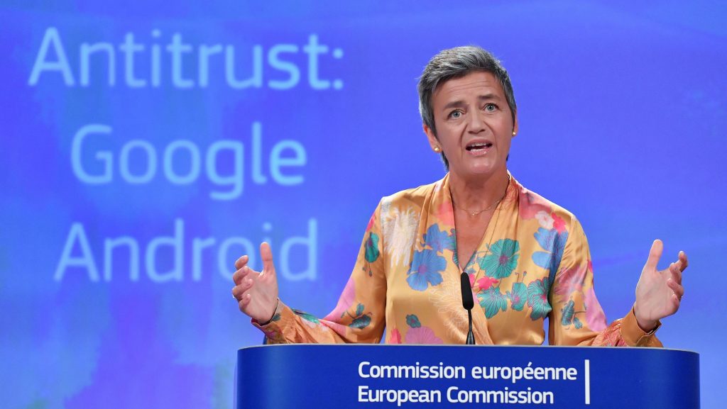 European Union Competition Commissioner Margrethe Vestager held a joint news conference at EU headquarters in Brussels on Wednesday after slapping a record $5 billion antitrust penalty on the U.S. tech giant. European Union Competition Commissioner Margrethe Vestager held a joint news conference at EU headquarters in Brussels on Wednesday after slapping a record $5 billion antitrust penalty on the U.S. tech giant. (John Thys/AFP/Getty Images)