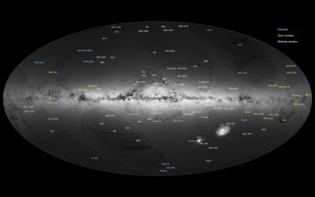 1280px-Gaia’s_first_sky_map,_annotated_ESA365176 An all-sky view of stars in our Galaxy – the Milky Way – and neighbouring galaxies, based on the first year of observations from ESA’s Gaia satellite, from July 2014 to September 2015.