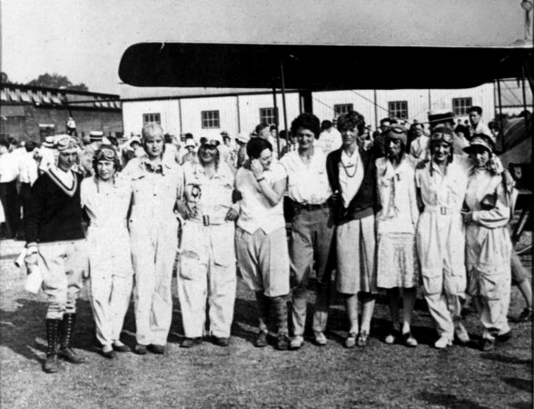 Competitors in East St. Louis at the first-ever women’s air derby. From left to right: Mary Elizabeth von Mach, Jessie “Chubbie” Miller, Gladys O’Donnell, Thea Rasche, Phoebe Omlie, Louise Thaden, Amelia Earhart, Blanche Noyes, Ruth Elder and Vera Walker.