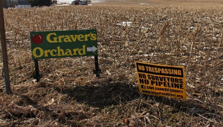 The proposed PennEast pipeline would pass through the fields of the Christman farm, seen from the intersection of Station Street and Pohopoco Drive in Lehighton. (Emma Lee/WHYY)