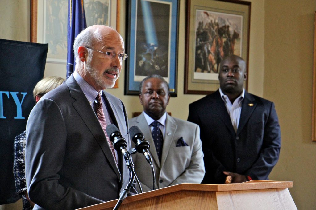 2018 07 31-e lee-tom wolf aaron walton charles smith-cheyney university-institute for the contemporary african american experience Pennsylvania Gov. Tom Wolf announces the formation of the Institute for the Contemporary African American Experience at Cheyney University. He is joined by (from left) Cheyney University President Aaron Walton and Charles S. Smith, Chairman of the Epcot Crenshaw Corporation, a partner in the Institute.