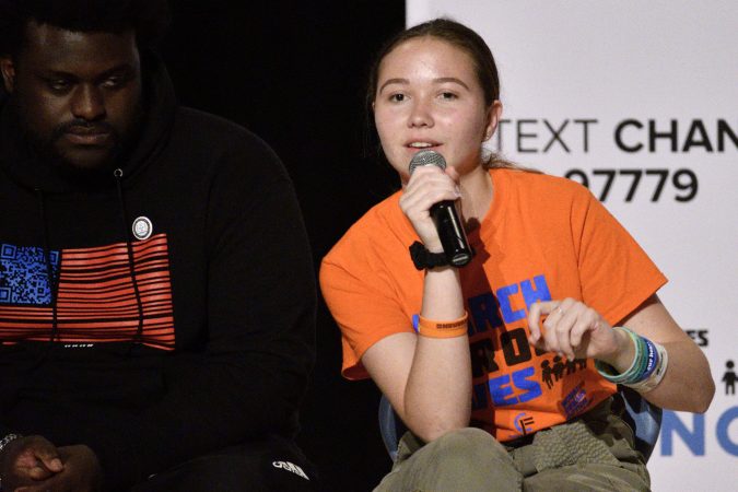 Lauren Hogg, of Parkland, FL, Majorly Stoneman Douglas class of 2021, speaks during a March For Our Lives National Tour stop in Philadelphia, on Tuesday (Bastiaan Slabbers for WHYY)
