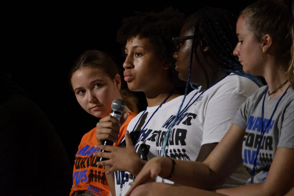 March For Our Lives Gun Control Town Hall Local students from Philly (in white shirts) and New Jersey, in grey shirts, are joined by students from Parkland, FL and around the country during a March For Our Lives National Tour stop in Philadelphia, on Tuesday (Bastiaan Slabbers for WHYY)