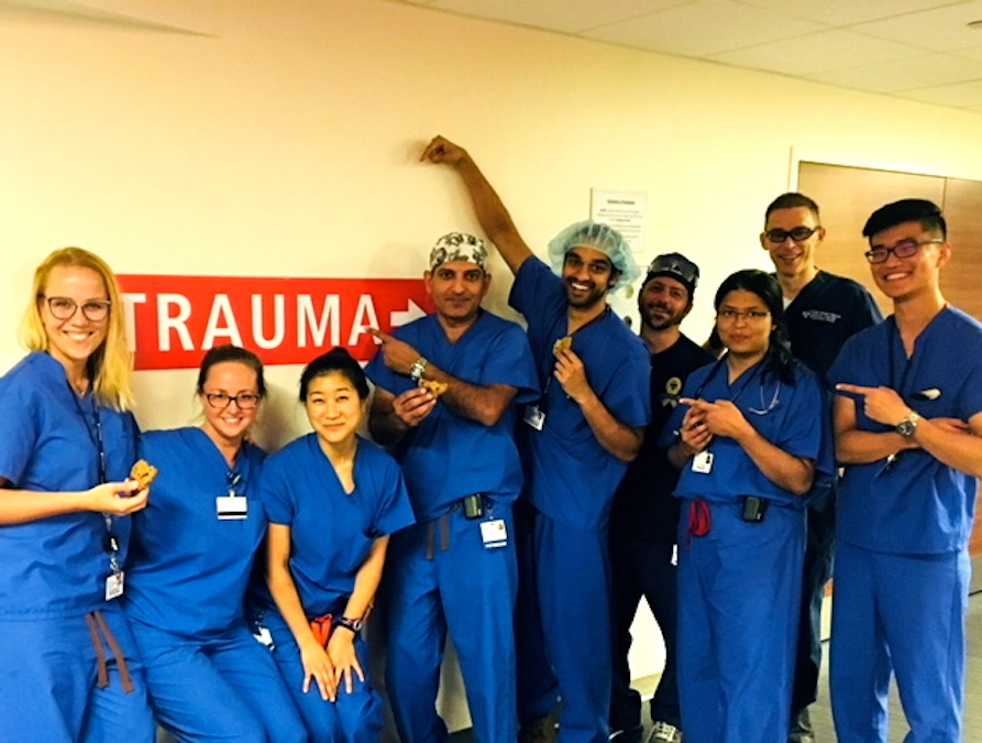 Second- year surgery resident Anna Mydlowska (far left) with her team of residents, attending physicians and nurses on the trauma unit at the Hospital of the University of Pennsylvania. (Courtesy of Anna Mydlowska)