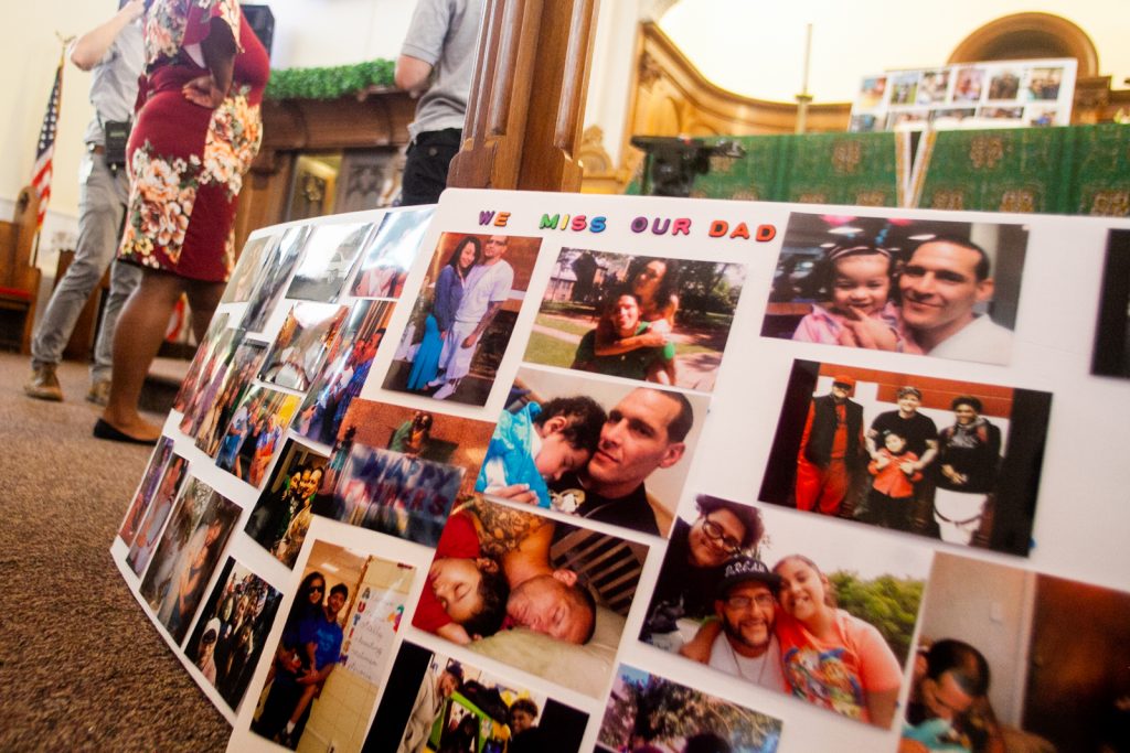 2018 08 12- b larrison- allentown pa- pro police rally and memorial service for joseph santos who was killed by police-12 Photos of Joseph Santos and his family members were displayed at a memorial service last month for the 44-year-old who was fatally shot on July 28, 2018 by South Whitehall Township police officer Jonathan Roselle. (Brad Larrison for WHYY)