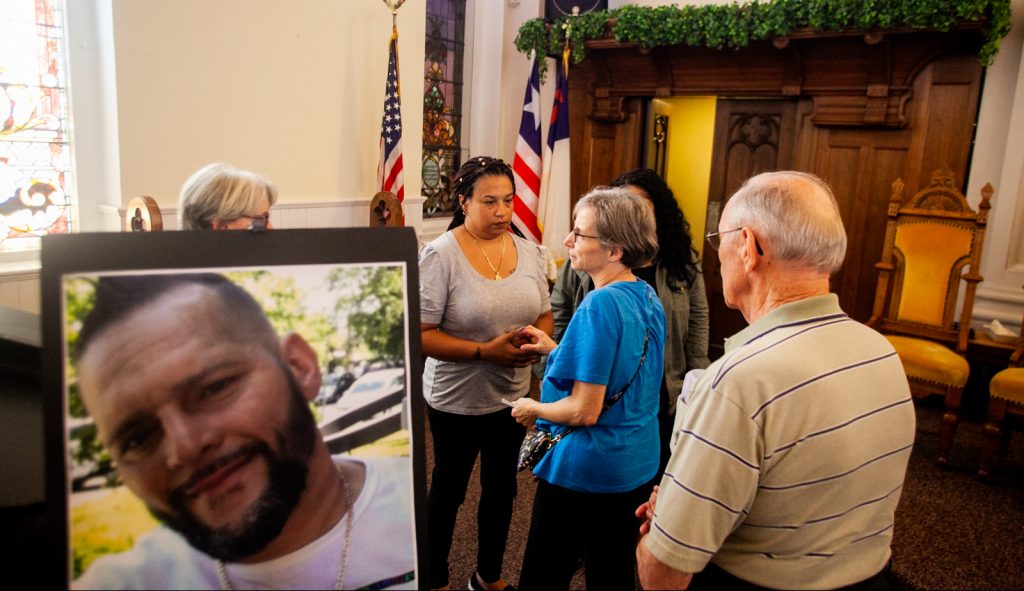 2018 08 12- b larrison- allentown pa- pro police rally and memorial service for joseph santos who was killed by police-13 Arlene Figueroa, the partner of Joseph Santos, is pictured after an interfaith service for the 44-year-old who was fatally shot by South Whitehall Township Police Officer Jonathan Roselle on July 28, 2018. (Brad Larrison for WHYY)