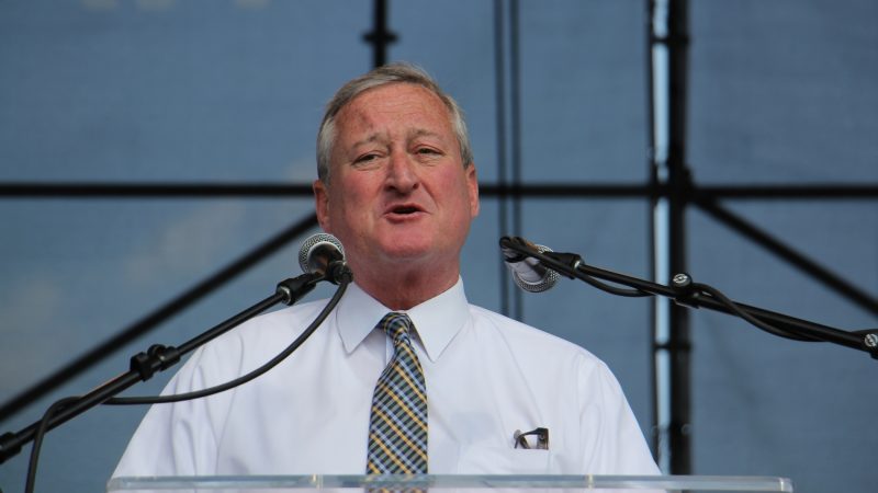 Philadelphia Mayor Jim Kenney speaks at a union rally at Penn's Landing aimed at ending the separation of immigrant families. (Emma lee/WHYY)