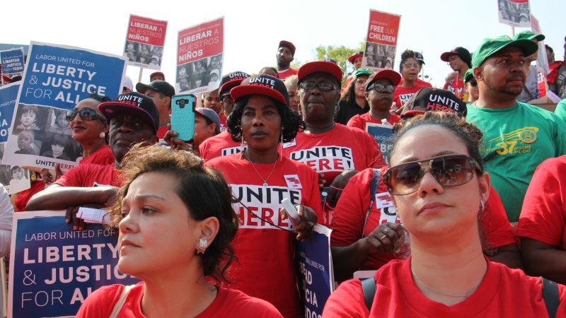 About 2,000 union members rally at the Great Plaza at Penn's Landing to protest U.S. treatment of immigrants. (Emma Lee/WHYY)