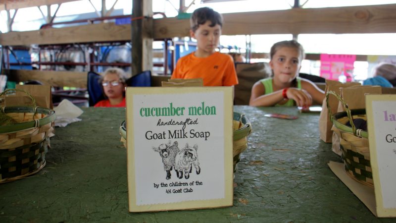 Children peddle the goat milk soap they made at the Middletown Grange Fair. (Emma Lee/WHYY)