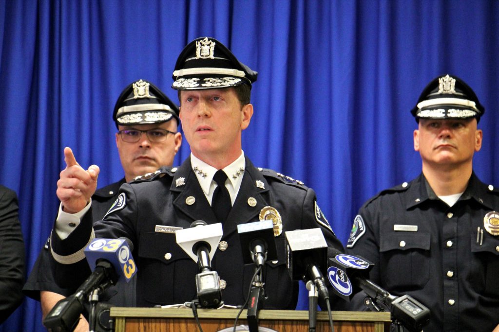 2018 08 17-e lee-john thomson-camden-police chief Camden Police Chief John Thomson asks for the public's help in finding the men wanted in connection with the shooting of two undercover detectives. (Emma Lee/WHYY)