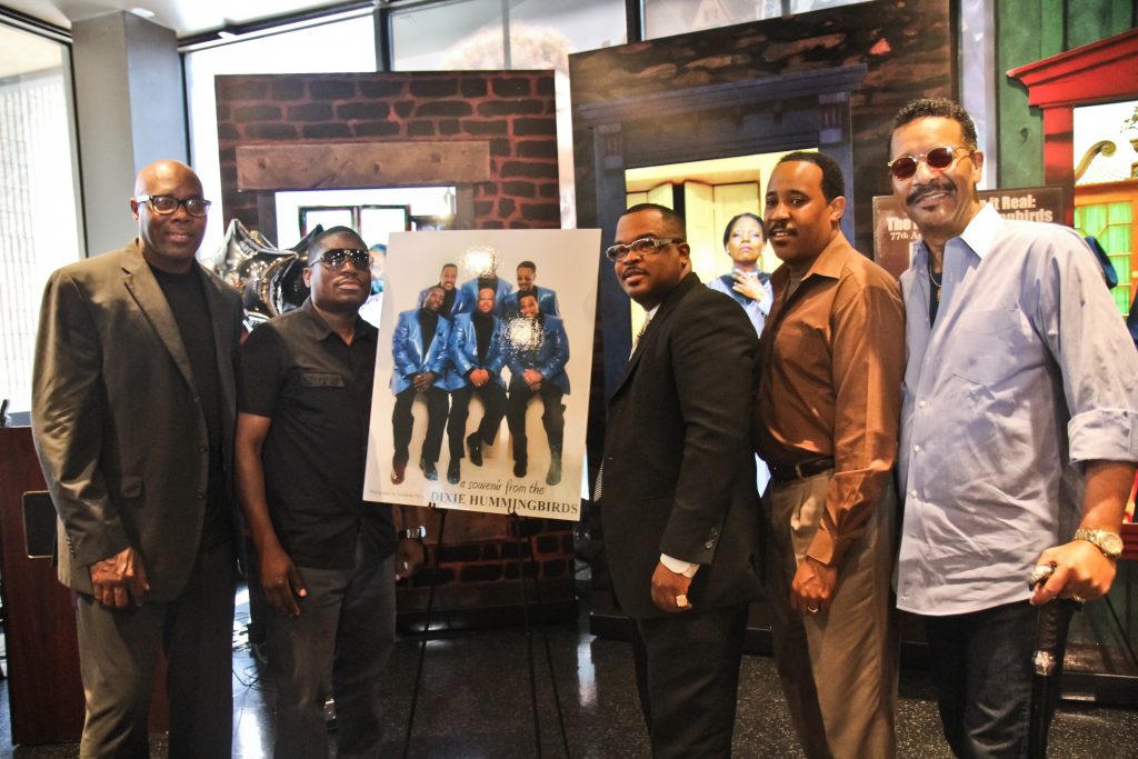 2018 8 27 k paynter dixie hummingbirds Current members of the Dixie Hummingbirds and Ira Tucker Jr. (right), announce celebrations to mark the group's 90th anniversary. (Kimberly Paynter/WHYY)