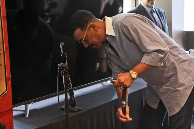 Ira Tucker Jr. thanks Stevie Wonder for his support of the Dixie Hummingbirds during a phone call with the superstar. (Kimberly Paynter/WHYY)