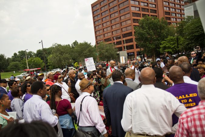 Members of the Progressive National Baptist Convention gather on Independence Mall Monday. (Kimberly Paynter/WHYY)