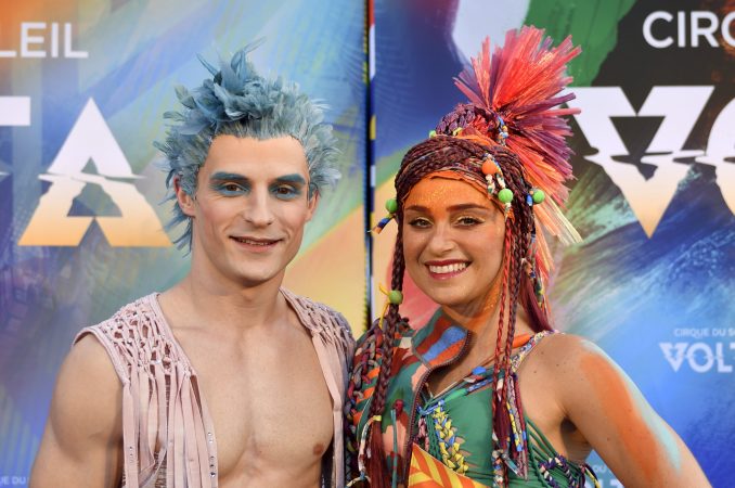 Cast members in the roles of WAZ and ELA pose ahead of Cirque Du Soleil’s big top show, VOLTA, in Oaks, Pa., on July 12, 2018. (Bastiaan Slabbers for WHYY)
