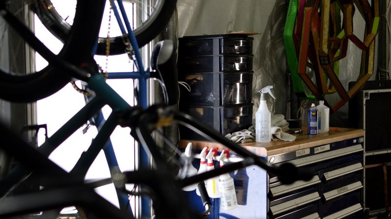 A bike workshop is found in the back of the artist tent of Cirque Du Soleil's VOLTA, in Oaks, Pa., on August 8, 2018. (Bastiaan Slabbers for WHYY)