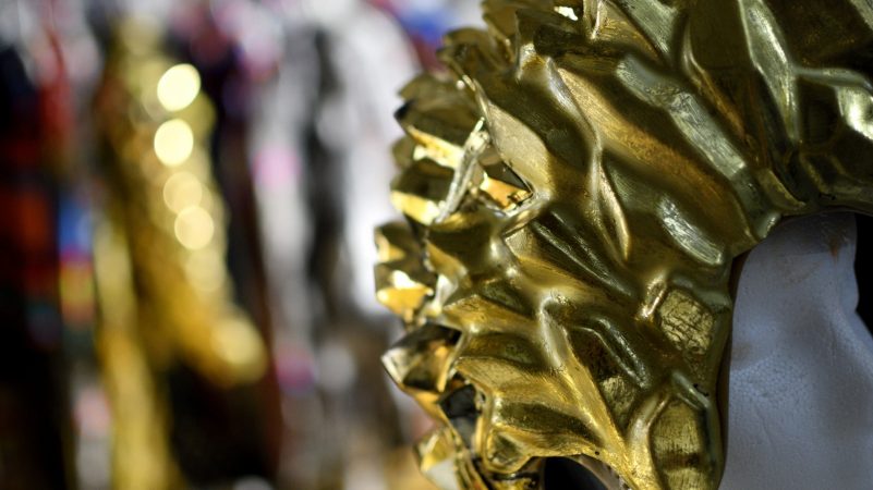 A detail of the wardrobe of a character of Cirque Du Soleil's VOLTA waits for the show, in Oaks, Pa., on August 8, 2018. (Bastiaan Slabbers for WHYY)