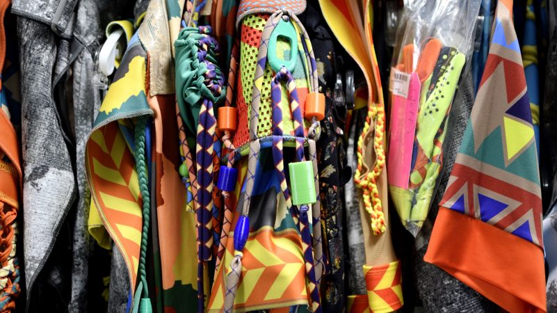 A detail of the colorful wardrobe worn by Cirque Du Soleil's VOLTA performers in Oaks, Pa., on August 8, 2018. (Bastiaan Slabbers for WHYY)
