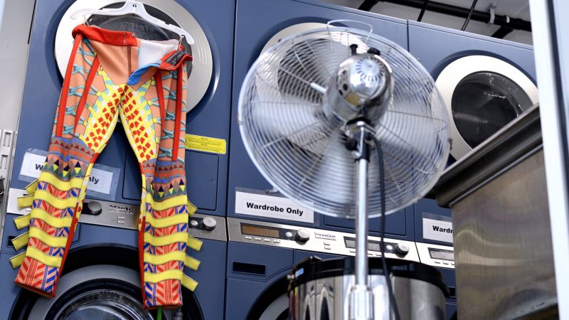 The pants of a cast member hang to dry ahead of a Cirque Du Soleil show in Oaks, Pa., on August 8, 2018. (Bastiaan Slabbers for WHYY)