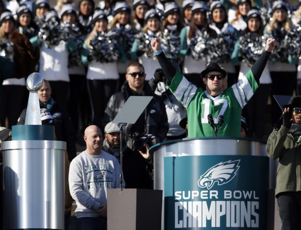Brent Celek Philadelphia Eagles tight end Brent Celek reacts as he speaks in front of the Philadelphia Museum of Art after a Super Bowl victory parade for the Philadelphia Eagles football team, Thursday, Feb. 8, 2018, in Philadelphia. The Eagles beat the New England Patriots 41-33 in Super Bowl 52. (Alex Brandon/AP Photo)