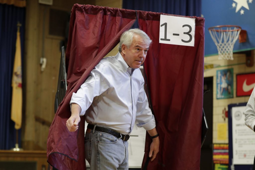 New Jersey Primary Republican U.S. Senate candidate Bob Hugin exits a voting booth in the June New Jersey primary election. A new Quinnipiac poll shows he’s gaining momentum in his race against incumbent Democrat Bob Menendez. (AP Photo/Julio Cortez)