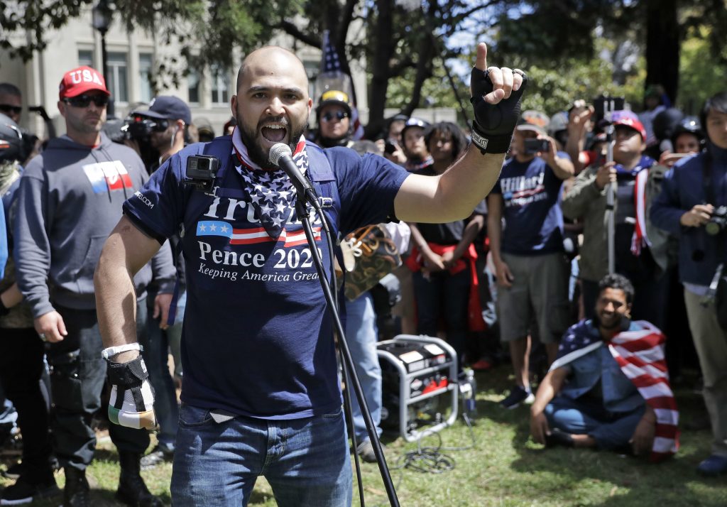 Joey Gibson In this April 27, 2017, file photo, right wing group Patriot Prayer leader Joey Gibson speaks during a rally in support of free speech in Berkeley, Calif. The conflict between Patriot Prayer and the so-called