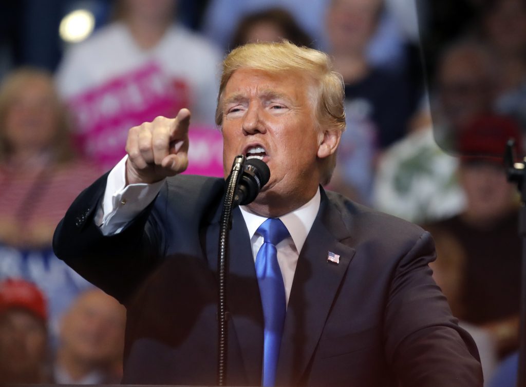 Donald Trump President Donald Trump speaks during a rally, Thursday, Aug. 2, 2018, at Mohegan Sun Arena at Casey Plaza in Wilkes Barre, Pa. (AP Photo/Carolyn Kaster)