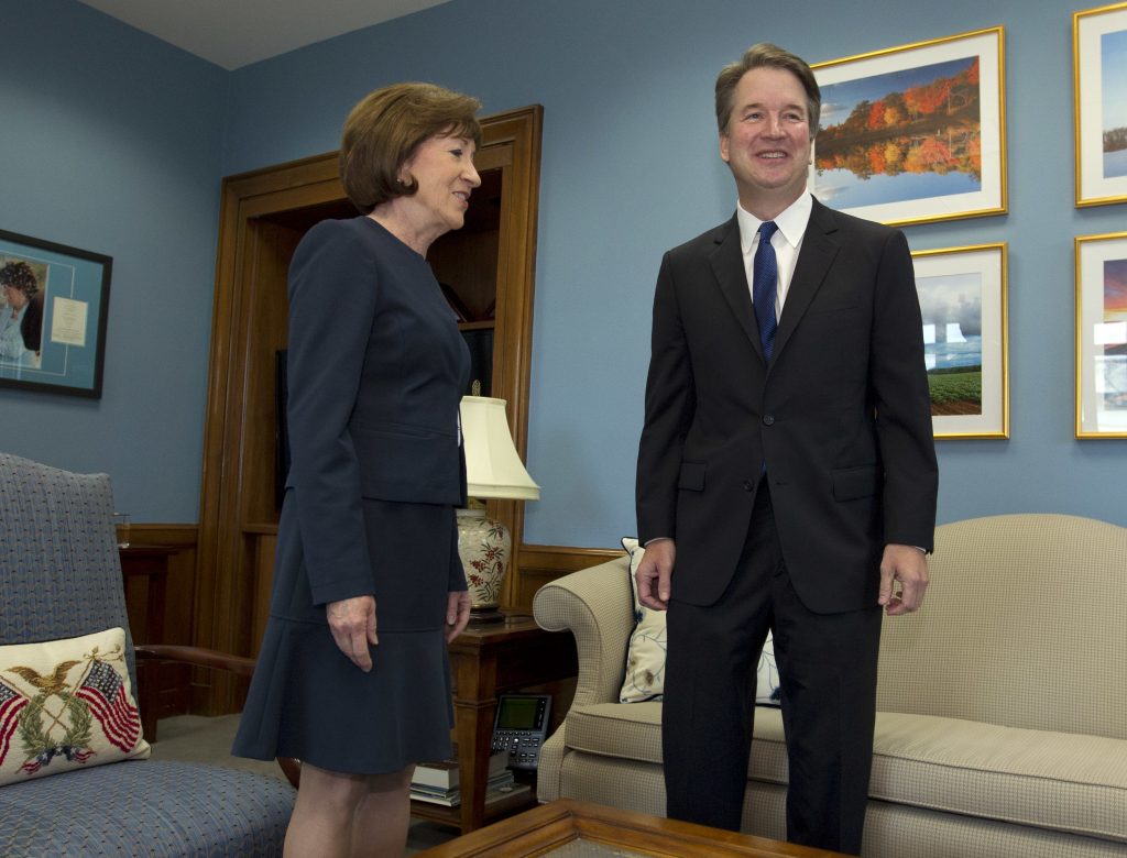 Supreme Court Kavanaugh Sen. Susan Collins, R-Maine, meets with Supreme Court nominee Judge Brett Kavanaugh in her office, before a private meeting on Capitol Hill in Washington on Tuesday, Aug. 21, 2018. (Jose Luis Magana/AP Photo)
