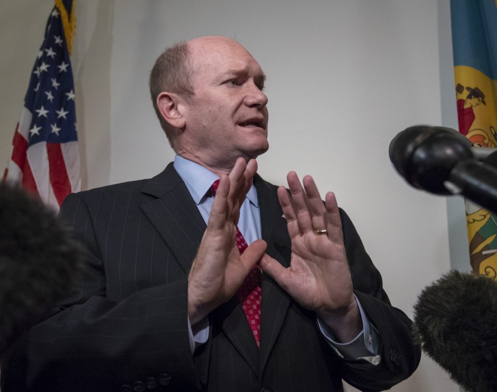 Chris Coons Sen. Chris Coons, D-Del., speaks to reporters after his meeting with President Donald Trump's Supreme Court nominee, Judge Brett Kavanaugh, on Capitol Hill in Washington, Thursday, Aug. 23, 2018. Sen. Coons, a member of the Senate Judiciary Committee which will oversee Kavanaugh's confirmation, says he does not think the committee should go forward with the scheduled September 4th hearings. (AP Photo/J. Scott Applewhite)