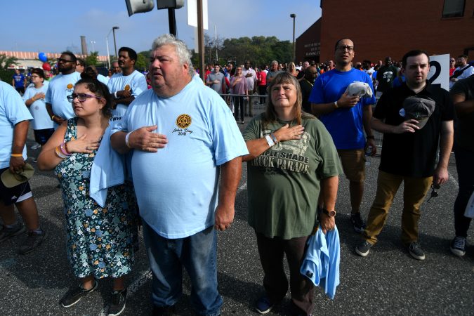 Rally ahead of the annual Labor Day Parade on Columbus Boulevard, on Monday. (Bastiaan Slabbers for WHYY)
